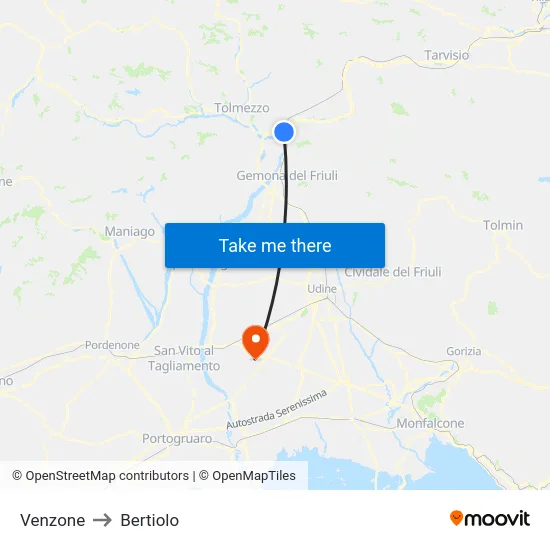 Venzone to Bertiolo map