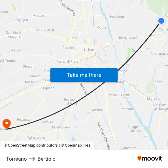 Torreano to Bertiolo map
