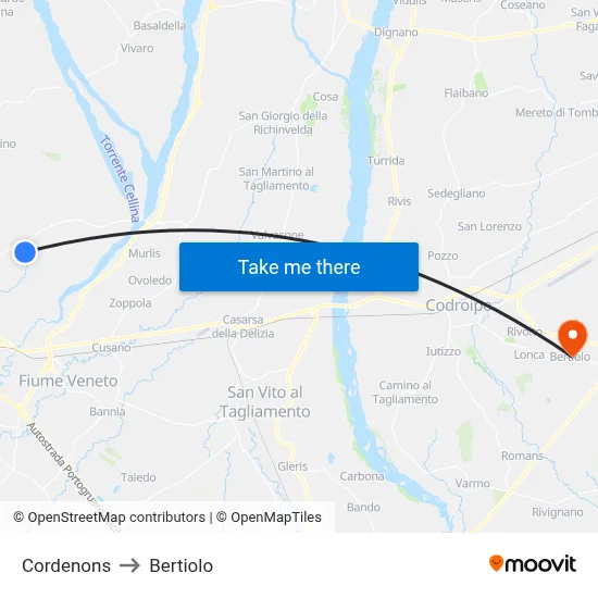 Cordenons to Bertiolo map