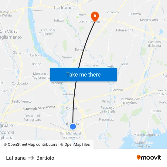 Latisana to Bertiolo map