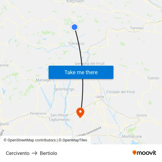 Cercivento to Bertiolo map