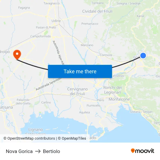 Nova Gorica to Bertiolo map