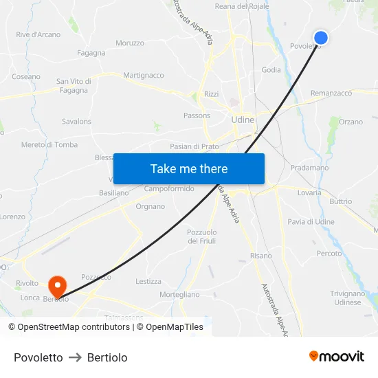 Povoletto to Bertiolo map