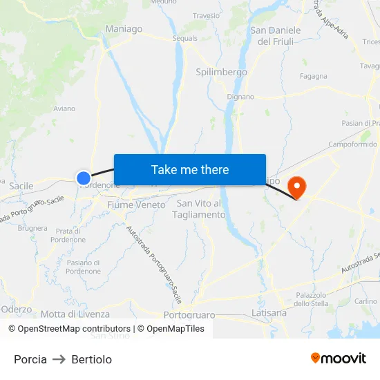 Porcia to Bertiolo map