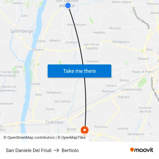 San Daniele del Friuli to Bertiolo map