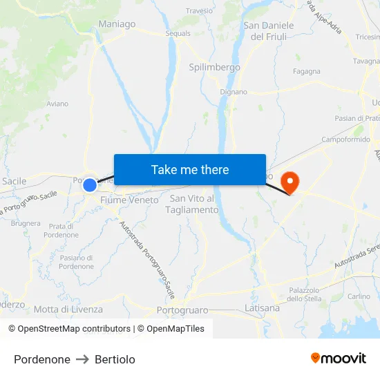 Pordenone to Bertiolo map