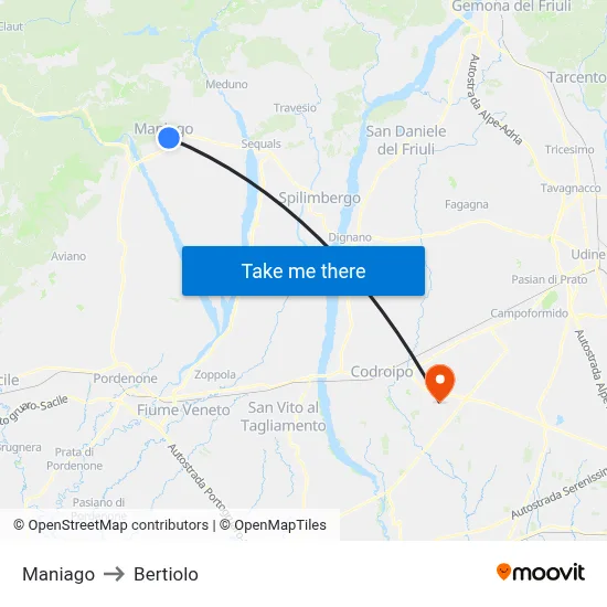 Maniago to Bertiolo map