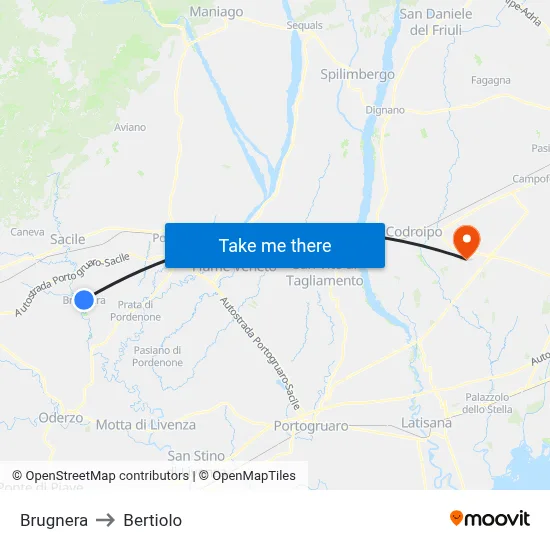 Brugnera to Bertiolo map
