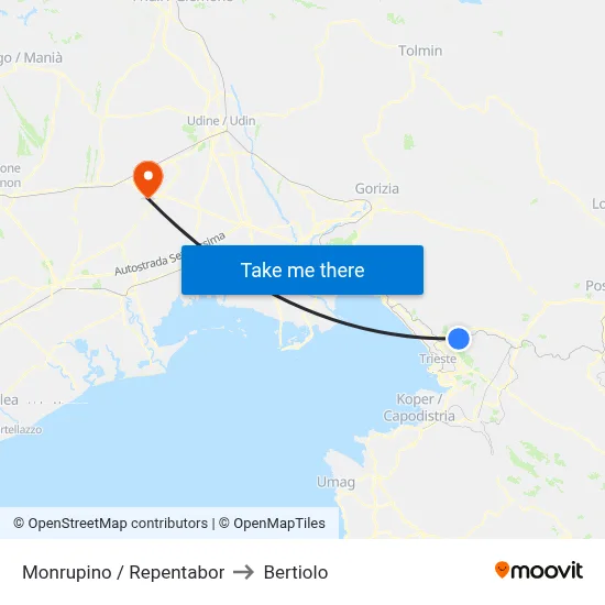 Monrupino / Repentabor to Bertiolo map