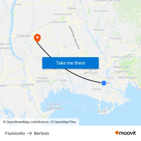 Fiumicello to Bertiolo map
