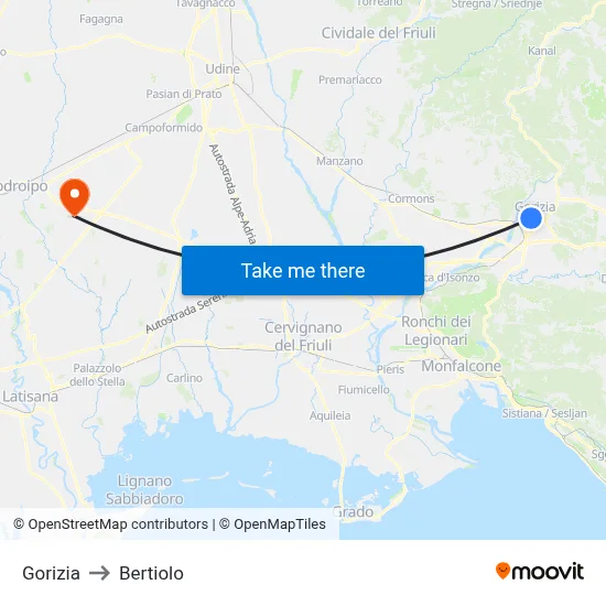 Gorizia to Bertiolo map