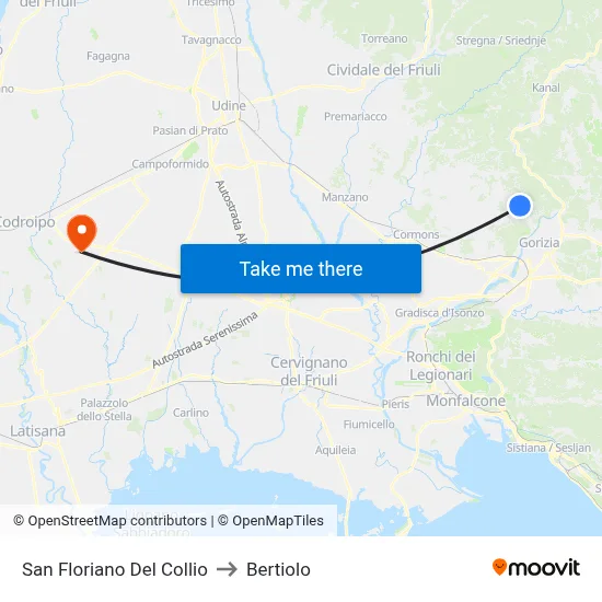 San Floriano del Collio to Bertiolo map