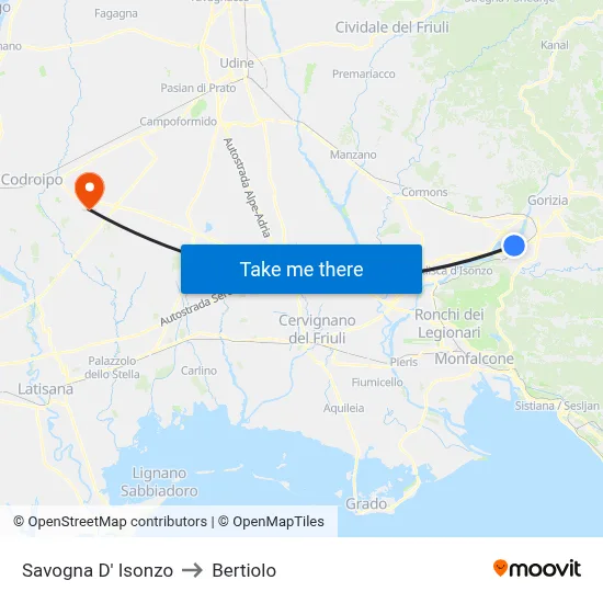 Savogna d'Isonzo to Bertiolo map