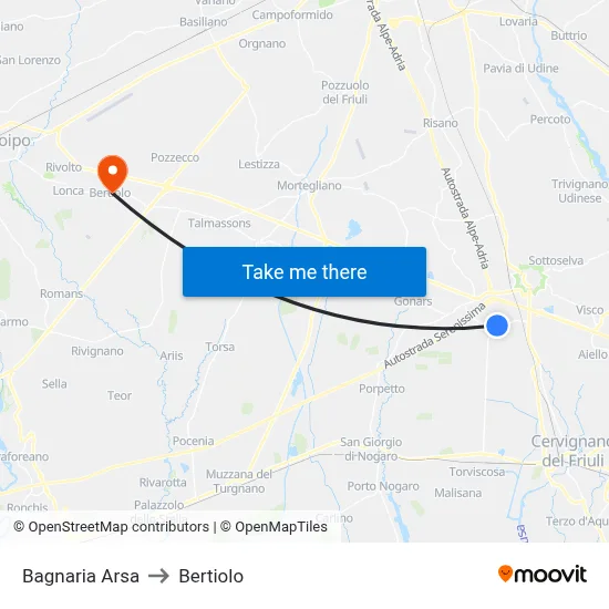 Bagnaria Arsa to Bertiolo map