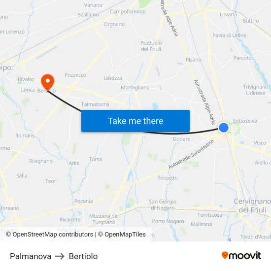 Palmanova to Bertiolo map