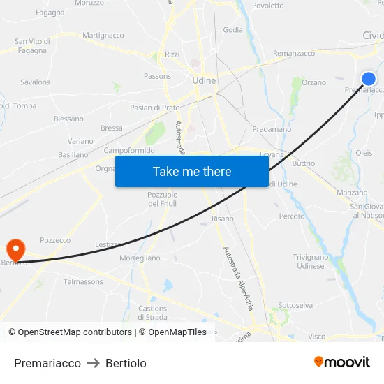 Premariacco to Bertiolo map