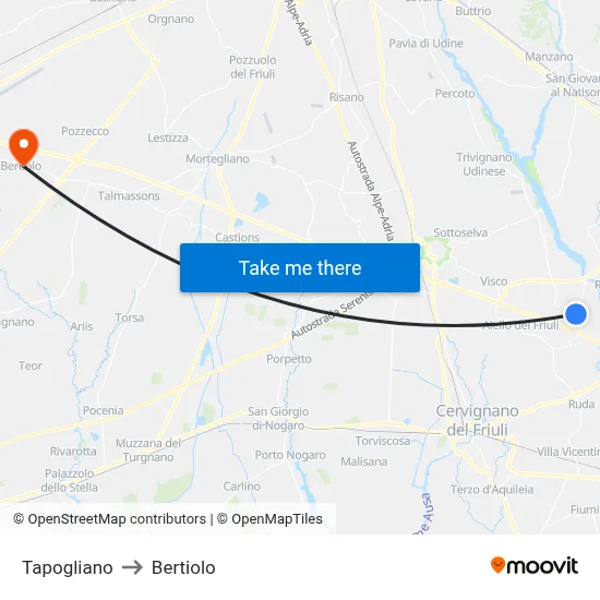 Tapogliano to Bertiolo map