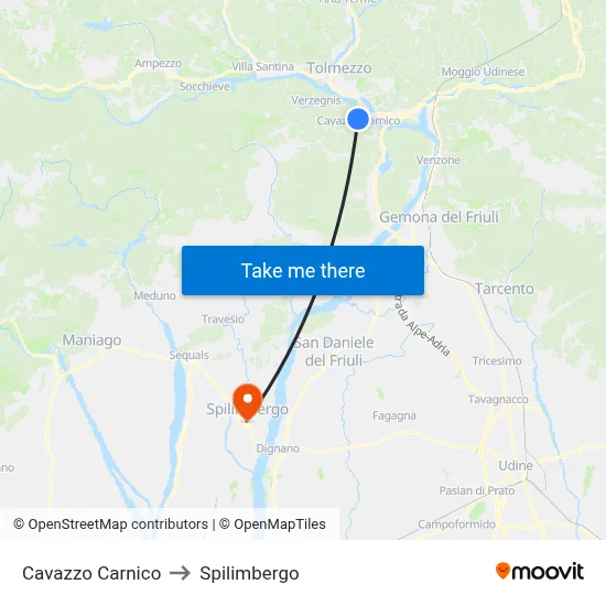 Cavazzo Carnico to Spilimbergo map