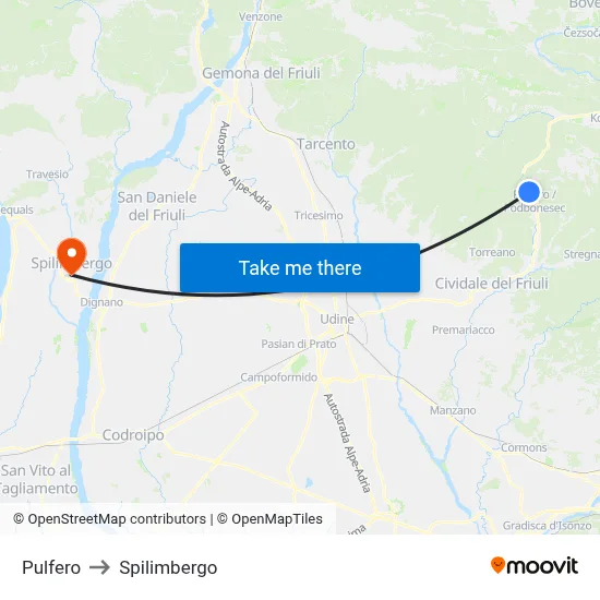 Pulfero to Spilimbergo map