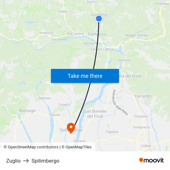 Zuglio to Spilimbergo map