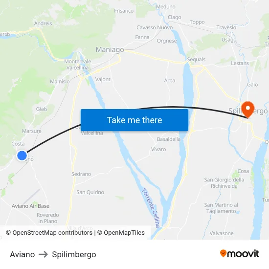 Aviano to Spilimbergo map