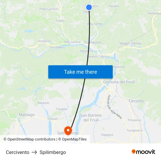 Cercivento to Spilimbergo map