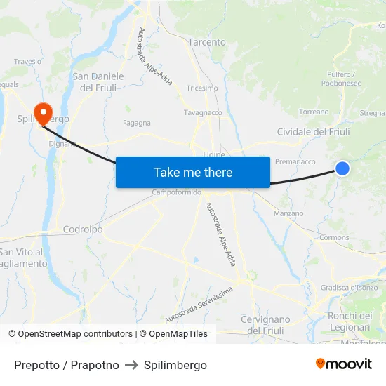 Prepotto / Prapotno to Spilimbergo map