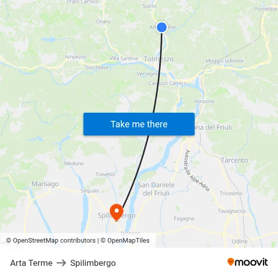 Arta Terme to Spilimbergo map