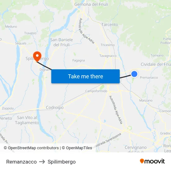 Remanzacco to Spilimbergo map