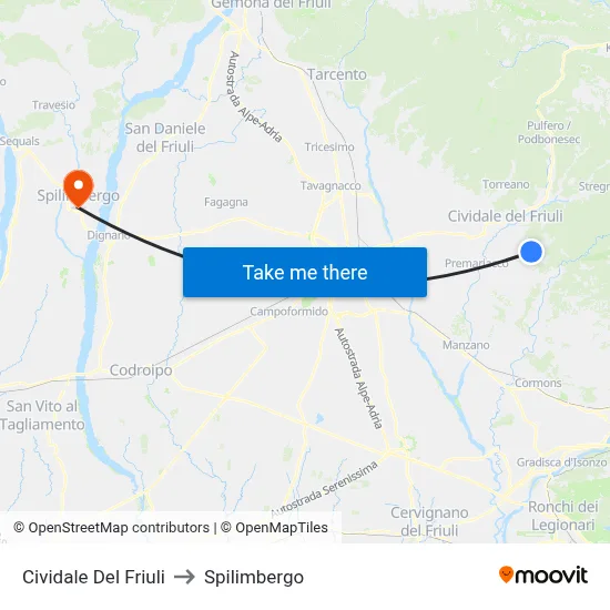 Cividale Del Friuli to Spilimbergo map