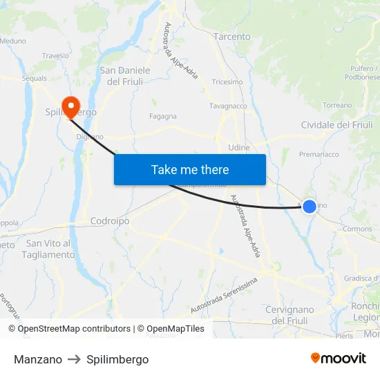 Manzano to Spilimbergo map