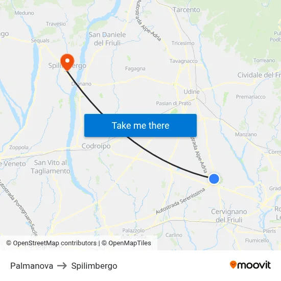 Palmanova to Spilimbergo map