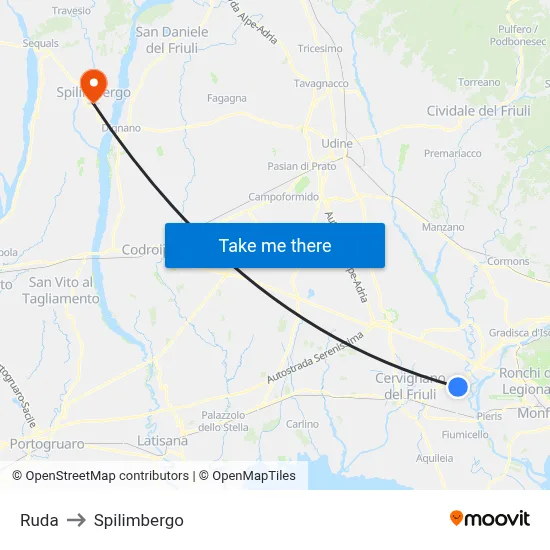 Ruda to Spilimbergo map