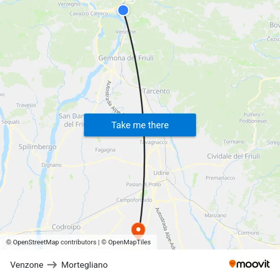 Venzone to Mortegliano map