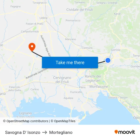 Savogna D' Isonzo to Mortegliano map