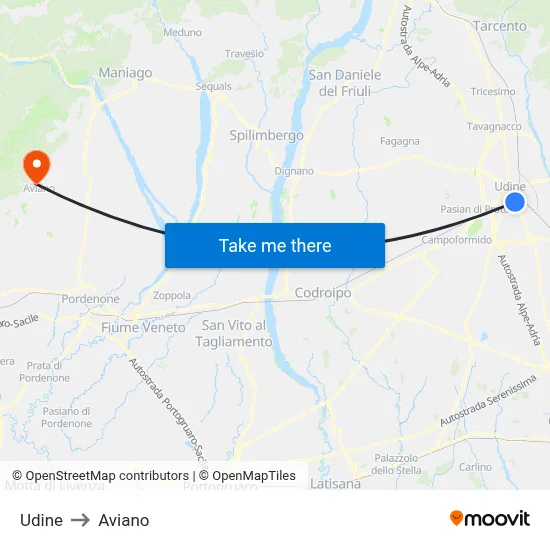 Udine to Aviano map