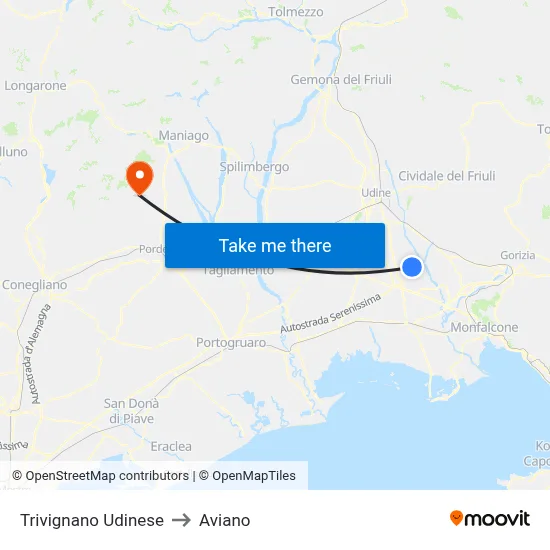 Trivignano Udinese to Aviano map