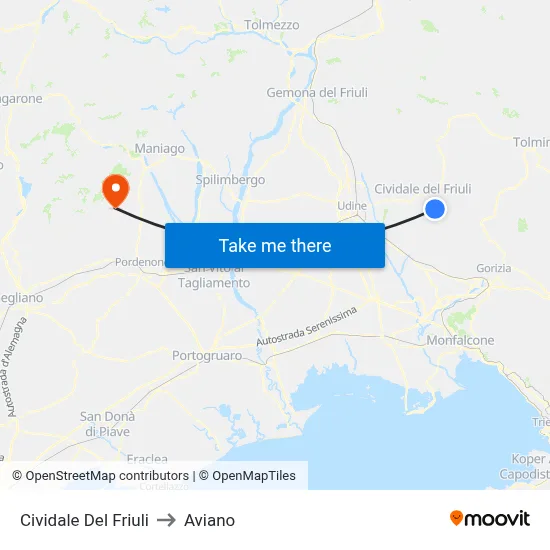 Cividale del Friuli to Aviano map