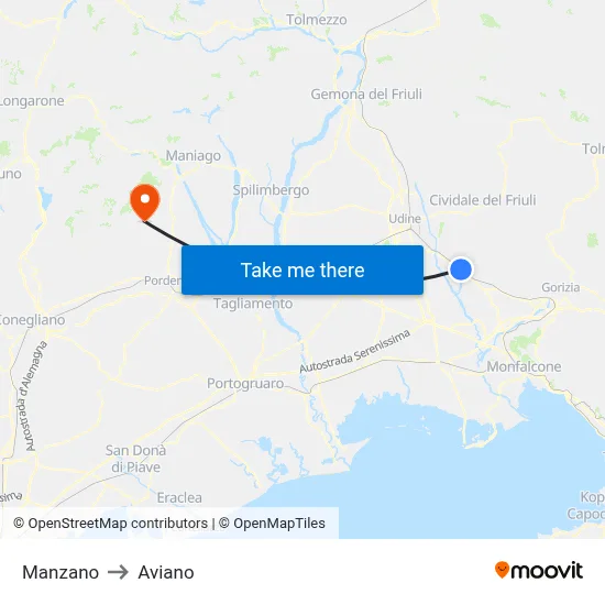 Manzano to Aviano map
