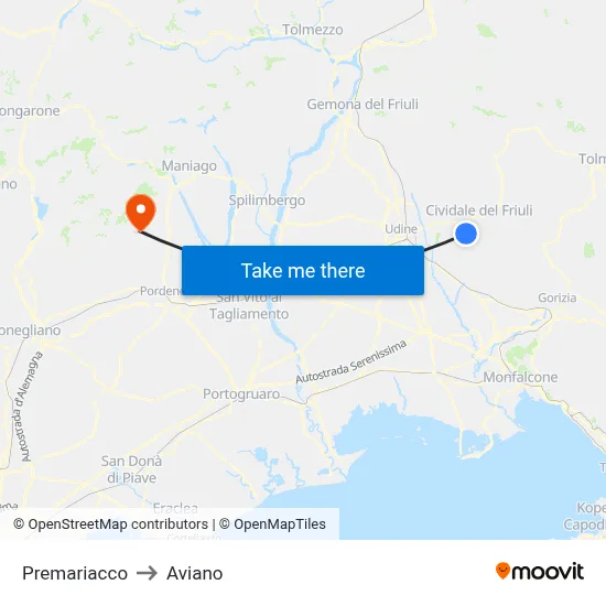 Premariacco to Aviano map