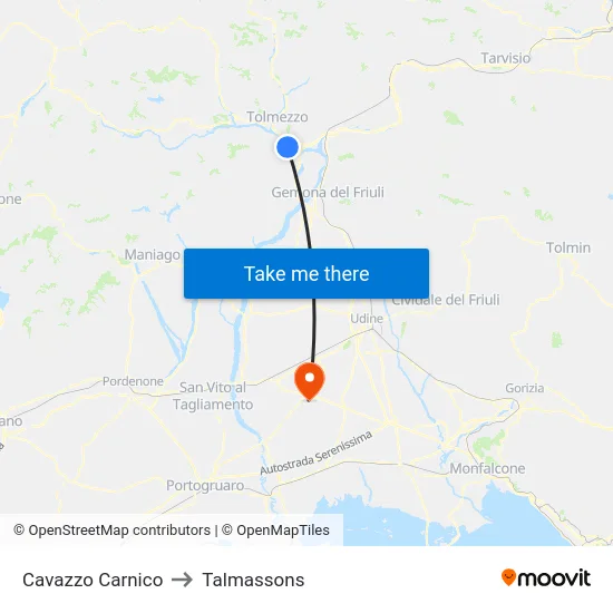 Cavazzo Carnico to Talmassons map