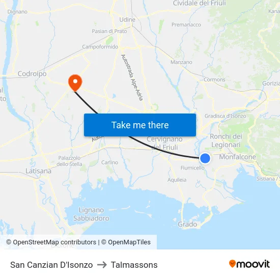 San Canzian D'Isonzo to Talmassons map