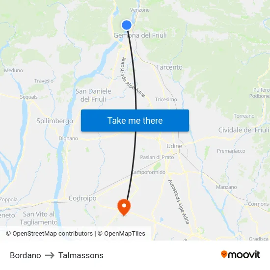 Bordano to Talmassons map