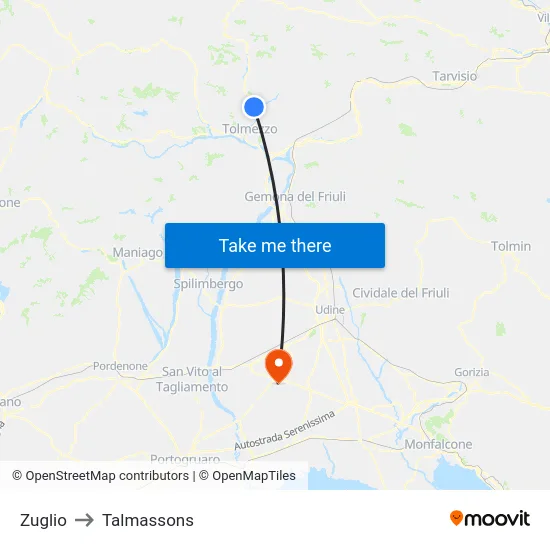 Zuglio to Talmassons map