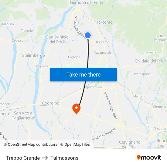 Treppo Grande to Talmassons map