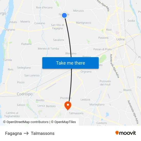 Fagagna to Talmassons map