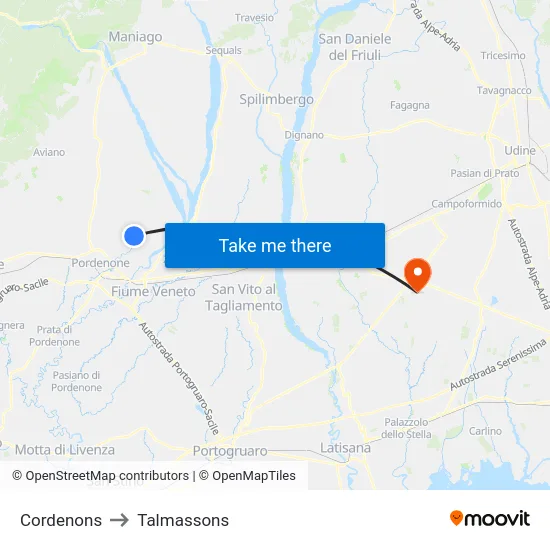 Cordenons to Talmassons map