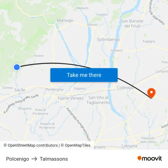 Polcenigo to Talmassons map