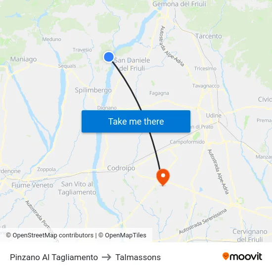 Pinzano Al Tagliamento to Talmassons map