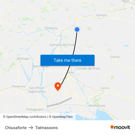 Chiusaforte to Talmassons map